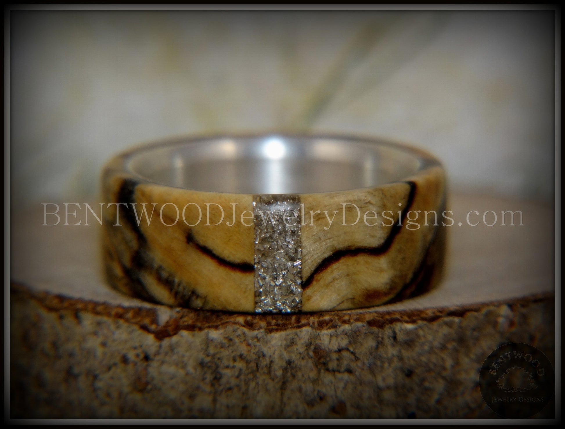 Bentwood Ring - Spalted Maple Ring on Fine Silver Core and Transverse Silver Glass Inlay handcrafted bentwood wooden rings wood wedding ring engagement