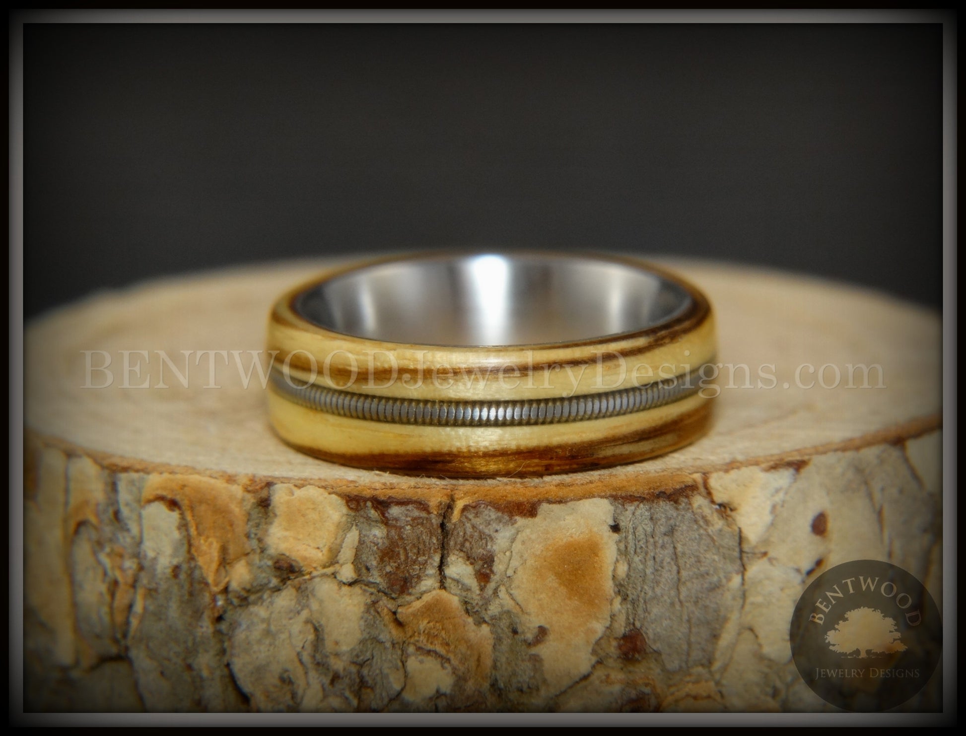 Bentwood Ring - "Striped Rocker" Zebrawood Ring with Silver Electric Guitar String Inlay on Comfort Fit Titanium Steel Core handcrafted bentwood wooden rings wood wedding ring engagement