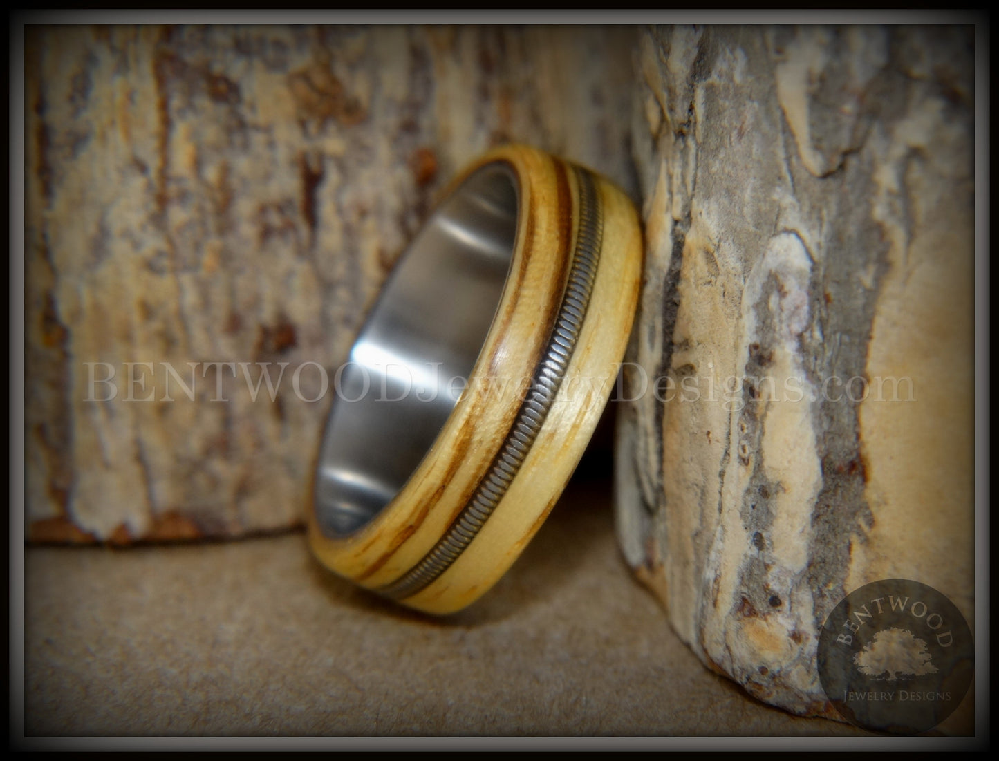 Bentwood Ring - "Striped Rocker" Zebrawood Ring with Silver Electric Guitar String Inlay on Comfort Fit Titanium Steel Core handcrafted bentwood wooden rings wood wedding ring engagement