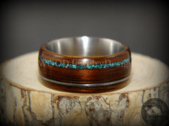 Tazzy Bentwood Ring - “I ❤️ Humphrey” Koa Bentwood on Steel Core Turquoise Mix and Guitar String Inlay handcrafted bentwood wooden rings wood wedding ring engagement