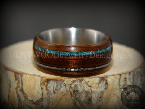 Tazzy Bentwood Ring - “I ❤️ Humphrey” Koa Bentwood on Steel Core Turquoise Mix and Guitar String Inlay