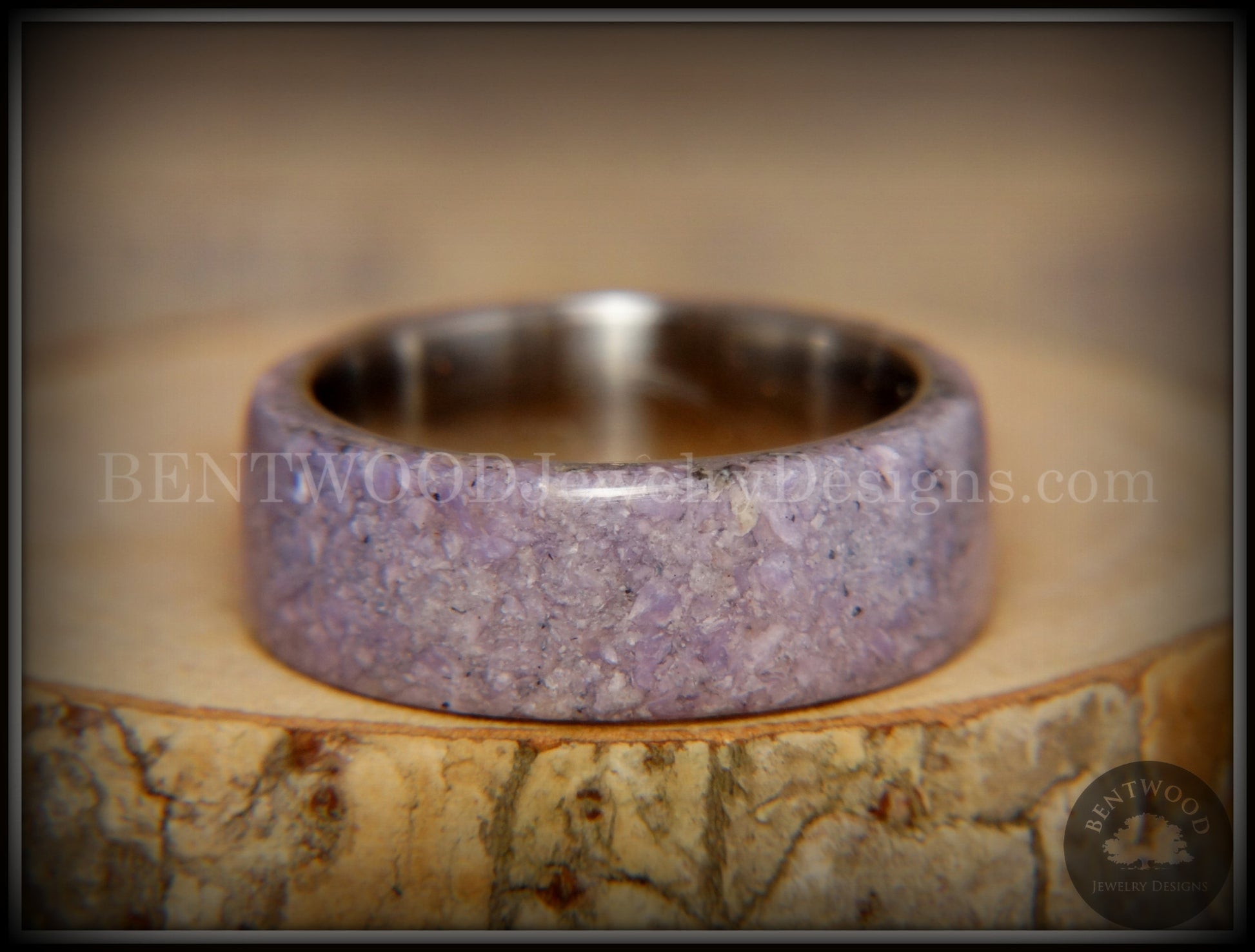 Bentwood Ring - "The Dreamer" Charoite Stone with Titanium Steel Comfort Fit Metal Core handcrafted bentwood wooden rings wood wedding ring engagement
