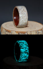 Bentwood Ring -  "Aglow" Deer Antler on Padauk Wood Core with Phosphorescent Stabilized handcrafted bentwood wooden rings wood wedding ring engagement