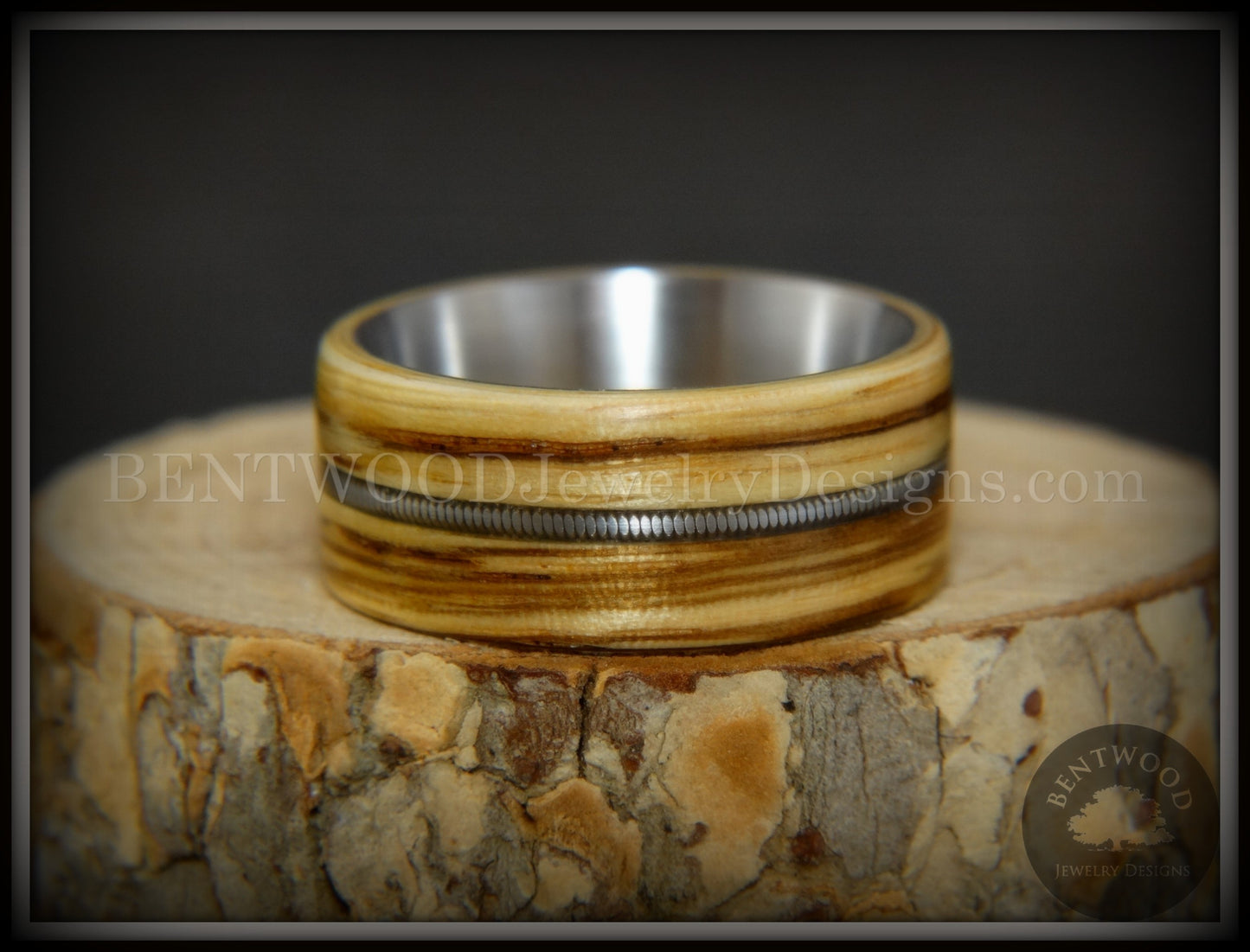 Bentwood Ring - "Striped Rocker" Zebrawood Ring with Silver Electric Guitar String Inlay on Comfort Fit Titanium Steel Core handcrafted bentwood wooden rings wood wedding ring engagement