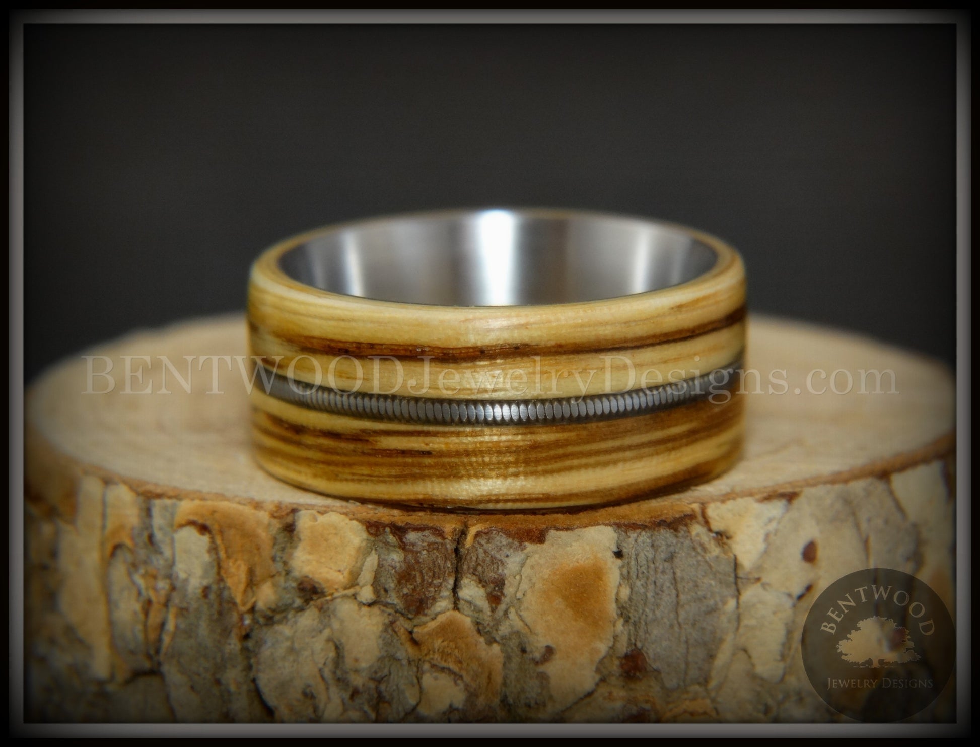 Bentwood Ring - "Striped Rocker" Zebrawood Ring with Silver Electric Guitar String Inlay on Comfort Fit Titanium Steel Core handcrafted bentwood wooden rings wood wedding ring engagement