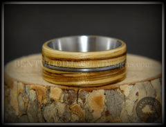 Bentwood Ring - "Striped Rocker" Zebrawood Ring with Silver Electric Guitar String Inlay on Comfort Fit Titanium Steel Core handcrafted bentwood wooden rings wood wedding ring engagement