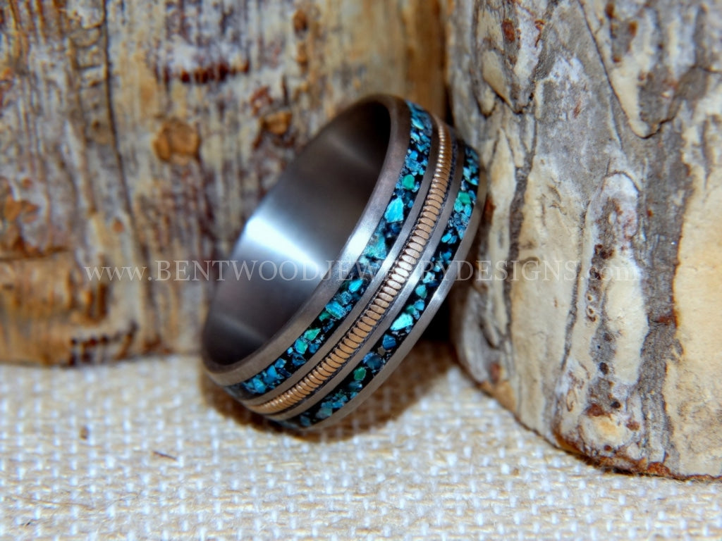 Chris Stapletons Guitar String Ring - Titanium Triple Inlay With Copper And Chrysocolla Jewelry