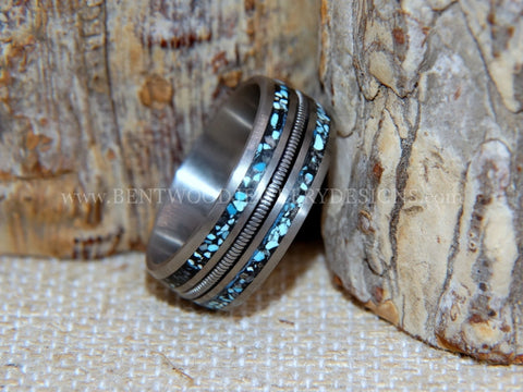 Tom Petty Guitar String Ring - Titanium Triple Inlay with Silver Guitar String and Stone Inlays