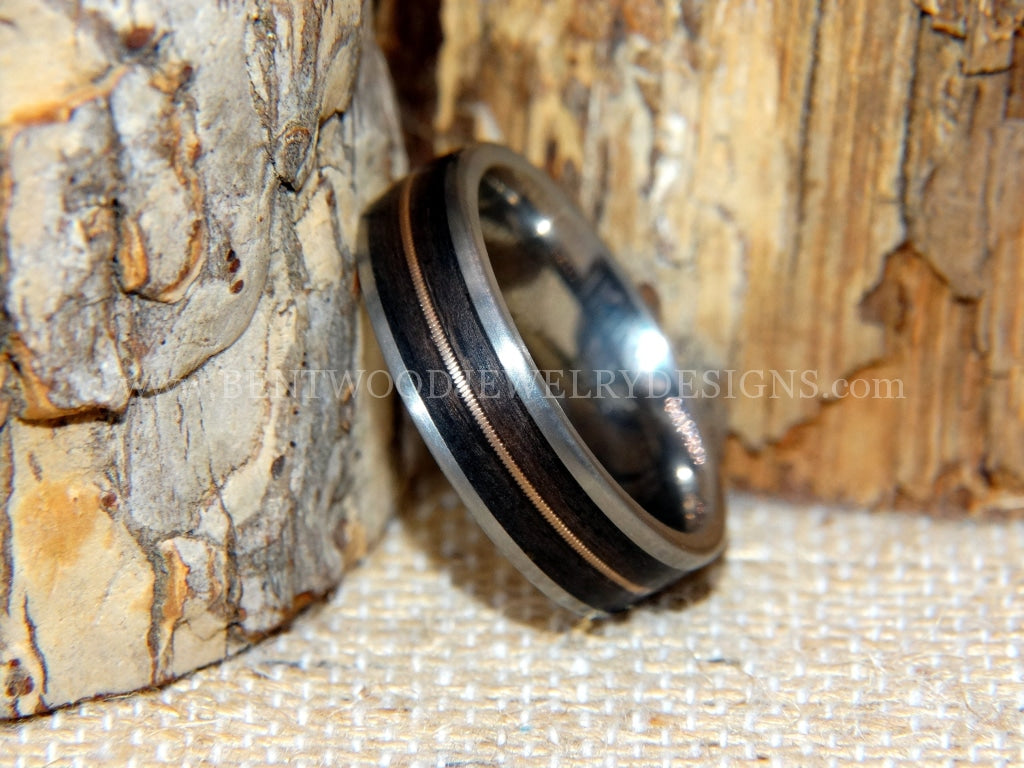 Guitar String Ring - Ebony Bentwood On Titanium Inlay With Copper Guitar String Inlay
