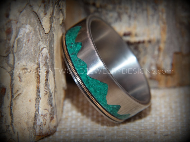 Mountainscape Titanium With Malachite Inlay Comfort Fit Core Ring Bentwood Wood Rings Metal